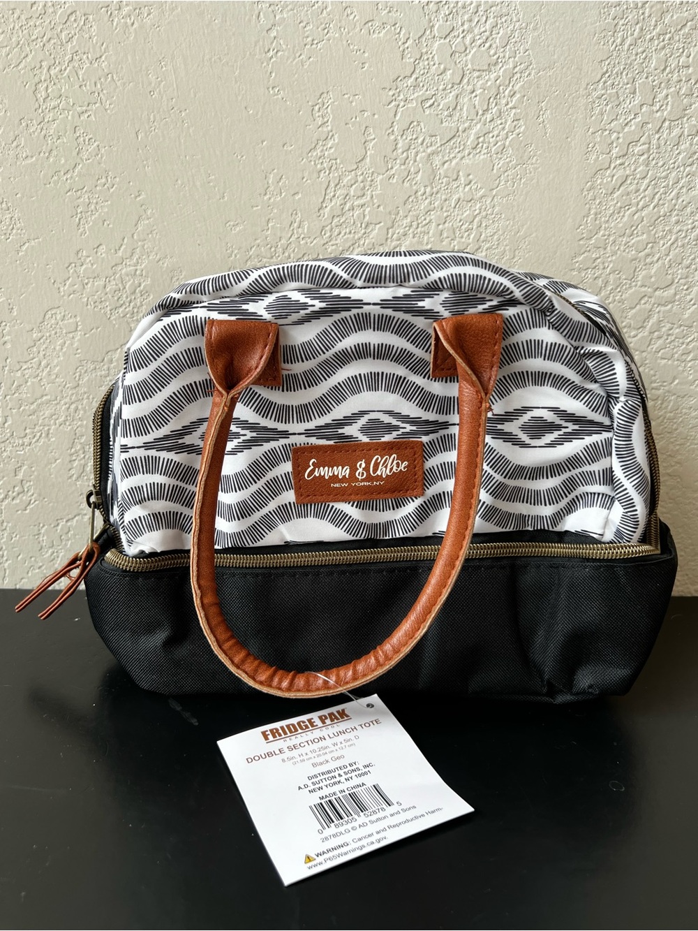 NWT Emma & Chloe Black & White Fully Insulated Double Section Lunch Tote